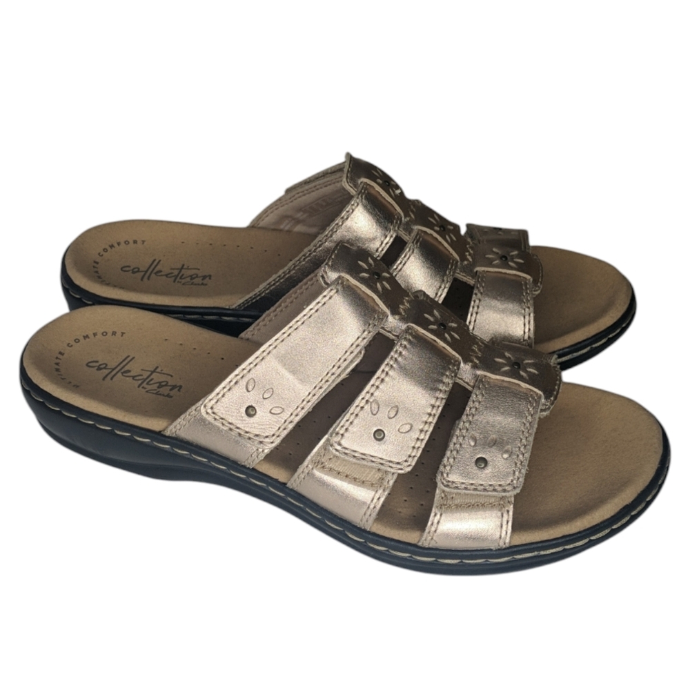 Clarks Women's Size 7.5 Triple Strap Rose Gold Slip On Sandal Velcro Hook Loop